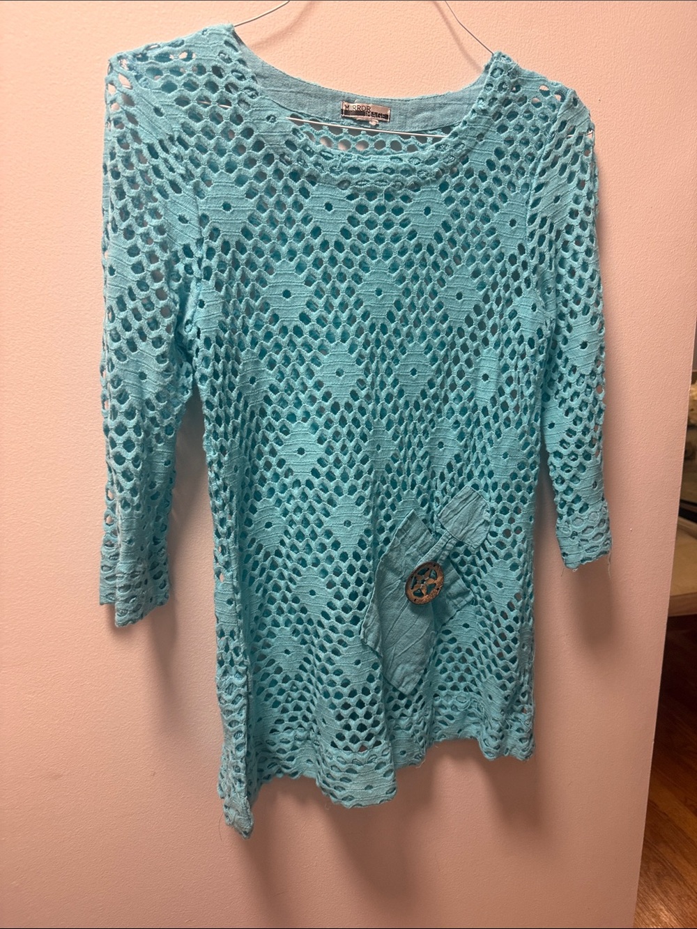 Light Turquoise Open-Knit Crochet Tunic Top - Women's Lightweight Layering